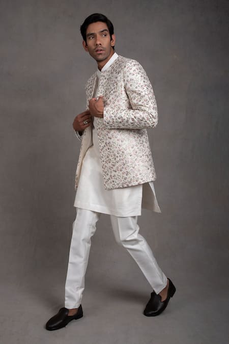 Buy Rng Safawala White Jacket - Raw , Kurta And Pant- Dupion Floral Embroidered & Set Online at Aza Fashions Buy_Rng Safawala_White Jacket - Raw , Kurta And Pant- Dupion Floral Embroidered & Set _Online_at_Aza_Fashions