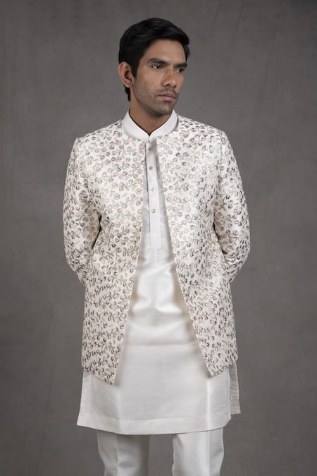 Shop Rng Safawala White Jacket - Raw , Kurta And Pant- Dupion Floral Embroidered & Set Online at Aza Fashions Shop_Rng Safawala_White Jacket - Raw , Kurta And Pant- Dupion Floral Embroidered & Set _Online_at_Aza_Fashions