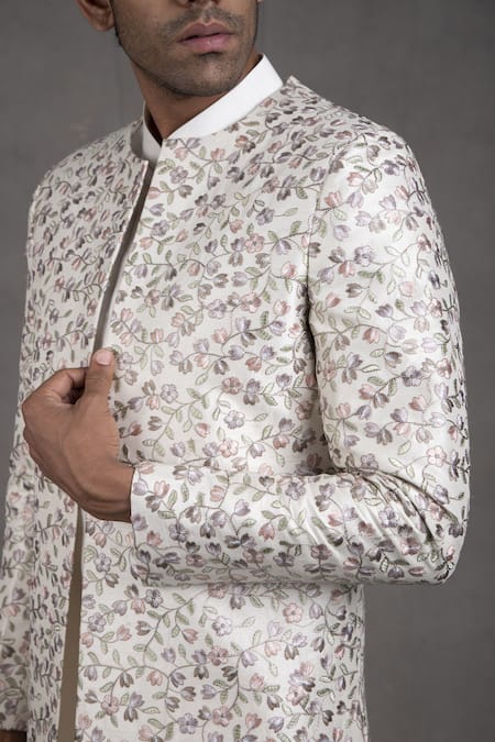 Rng Safawala White Jacket - Raw , Kurta And Pant- Dupion Floral Embroidered & Set at Aza Fashions Rng Safawala_White Jacket - Raw , Kurta And Pant- Dupion Floral Embroidered & Set _at_Aza_Fashions