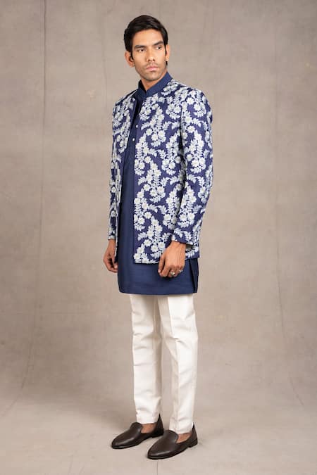 Rng Safawala_Blue Jacket - Raw , Kurta And Pant- Dupion Floral Embroidered & Set_Online_at_Aza_Fashions