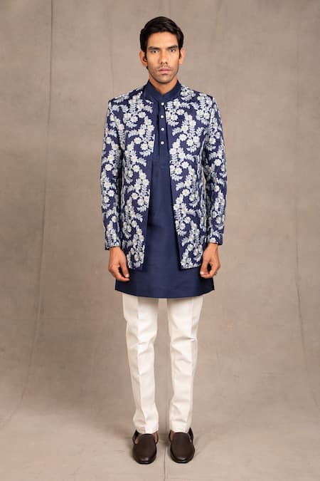 Shop_Rng Safawala_Blue Jacket - Raw , Kurta And Pant- Dupion Floral Embroidered & Set_Online_at_Aza_Fashions