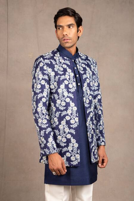 Rng Safawala_Blue Jacket - Raw , Kurta And Pant- Dupion Floral Embroidered & Set_at_Aza_Fashions