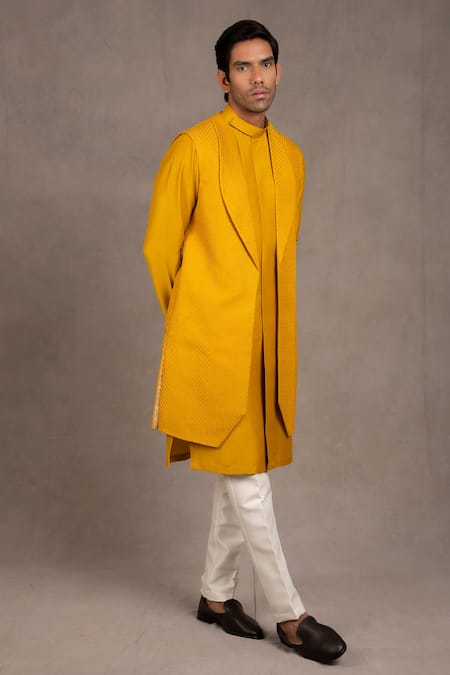 Rng Safawala_Yellow Cotton, Silk Sequins, Embroidery Geometric Bundi And Kurta Set For Kids_Online_at_Aza_Fashions