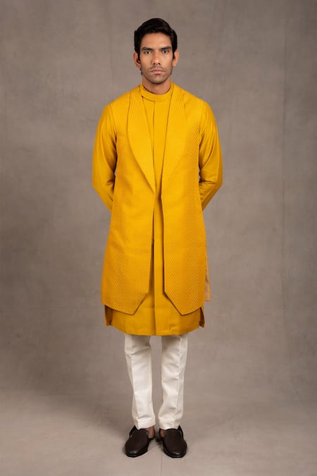 Shop_Rng Safawala_Yellow Cotton, Silk Sequins, Embroidery Geometric Bundi And Kurta Set For Kids_Online_at_Aza_Fashions