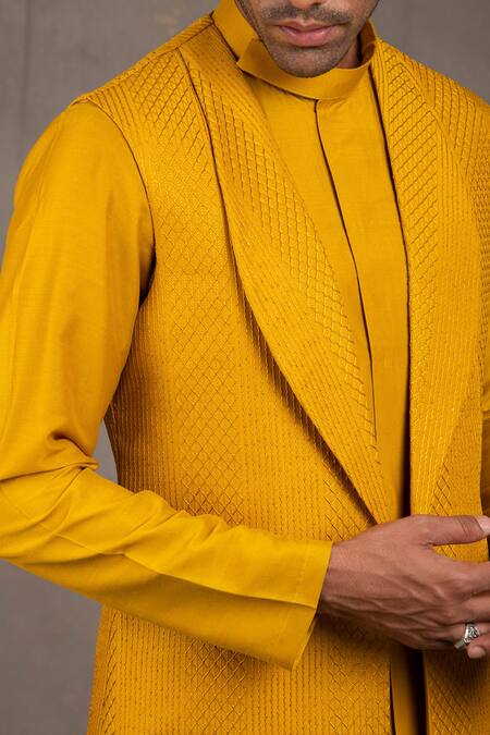 Rng Safawala_Yellow Cotton, Silk Sequins, Embroidery Geometric Bundi And Kurta Set For Kids_at_Aza_Fashions