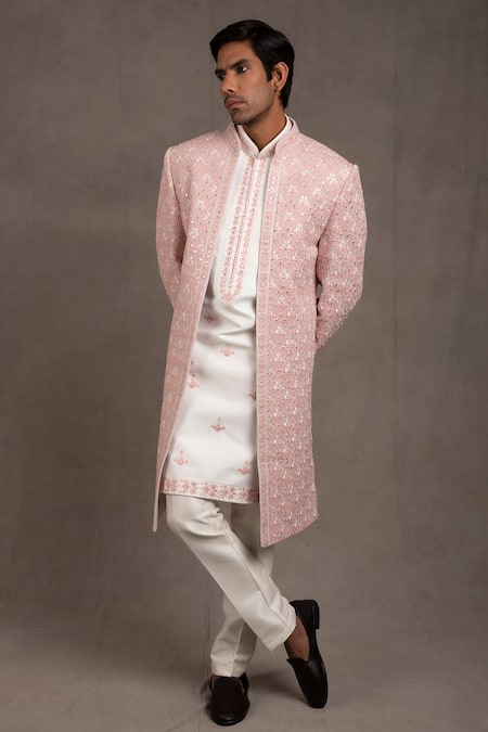 RNG Safawala Pink Jacket - Blended Silk Embroidered Floral Sherwani And Kurta Set