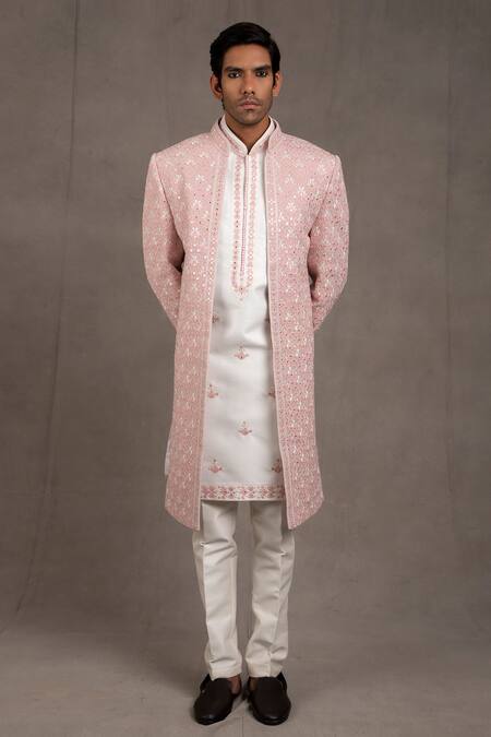 Rng Safawala_Pink Inner - Raw Silk, - Blended Embroidered Sherwani And Kurta Set _Online_at_Aza_Fashions