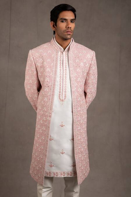 Buy_Rng Safawala_Pink Inner - Raw Silk, - Blended Embroidered Sherwani And Kurta Set _Online_at_Aza_Fashions