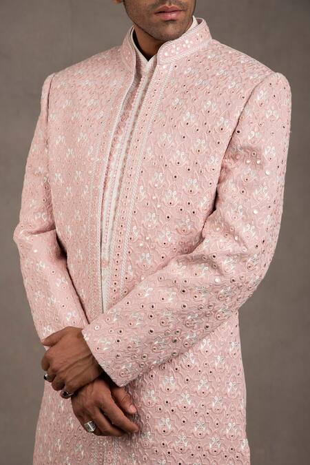 Shop_Rng Safawala_Pink Inner - Raw Silk, - Blended Embroidered Sherwani And Kurta Set _Online_at_Aza_Fashions