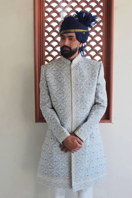 Rng Safawala_Blue Silk Blend Embroidered Sherwani Set _Online_at_Aza_Fashions