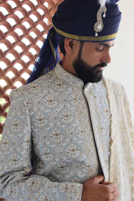 Shop_Rng Safawala_Blue Silk Blend Embroidered Sherwani Set _Online_at_Aza_Fashions