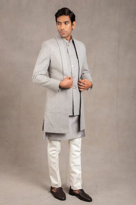 Rng Safawala Grey Jacket - Raw , Kurta - Cotton , Pant - Dupion Work And Set 