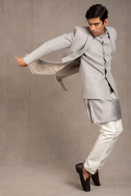 Rng Safawala_Grey Jacket - Raw , Kurta - Cotton , Pant - Dupion Work And Set _Online_at_Aza_Fashions