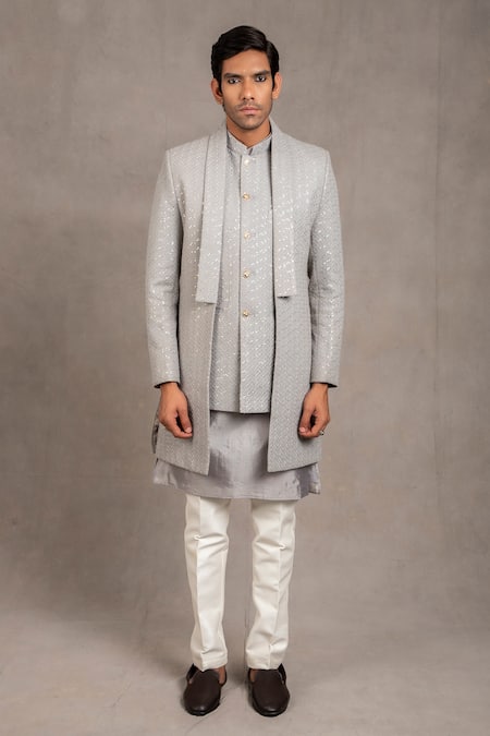 Buy_Rng Safawala_Grey Jacket - Raw , Kurta - Cotton , Pant - Dupion Work And Set _Online_at_Aza_Fashions