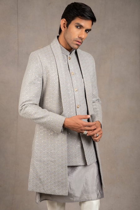 Shop_Rng Safawala_Grey Jacket - Raw , Kurta - Cotton , Pant - Dupion Work And Set _Online_at_Aza_Fashions