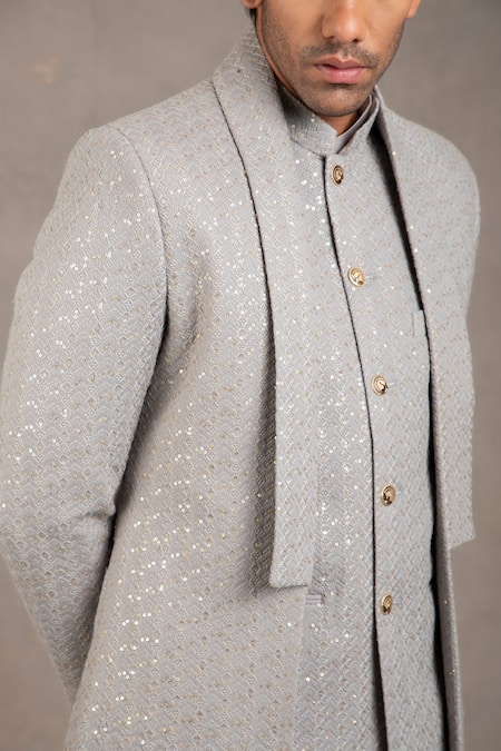 Rng Safawala_Grey Jacket - Raw , Kurta - Cotton , Pant - Dupion Work And Set _at_Aza_Fashions
