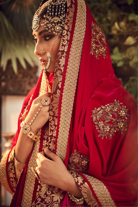 Ranian Silk Tissue Lehenga Set with Crimson Dupatta 