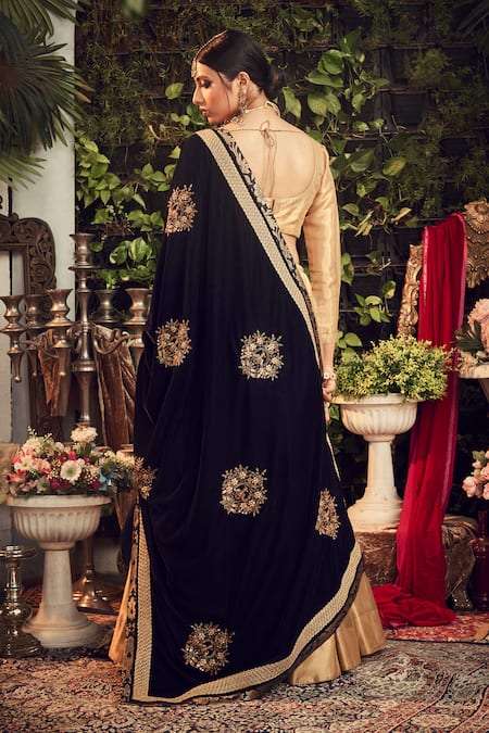 Shop_Ranian_Gold Velvet, Tissue Lehenga Set With Blue Dupatta _at_Aza_Fashions