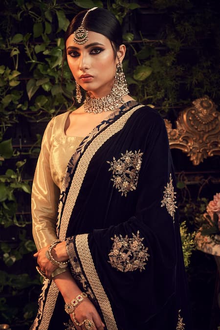 Buy_Ranian_Gold Velvet, Tissue Lehenga Set With Blue Dupatta _Online_at_Aza_Fashions