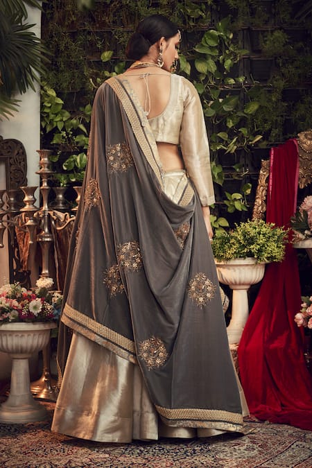 Grey Net Wedding Lehenga with Choli and Dupatta - Inddus.in