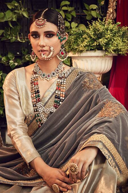 Ranian Beige Velvet, Tissue Lehenga Set With Steel Grey Dupatta Online at Aza Fashions Ranian_Beige Velvet, Tissue Lehenga Set With Steel Grey Dupatta _Online_at_Aza_Fashions