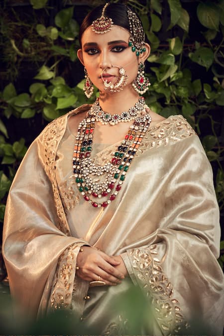 Shop_Ranian_Beige Velvet, Tissue Lehenga Set _at_Aza_Fashions