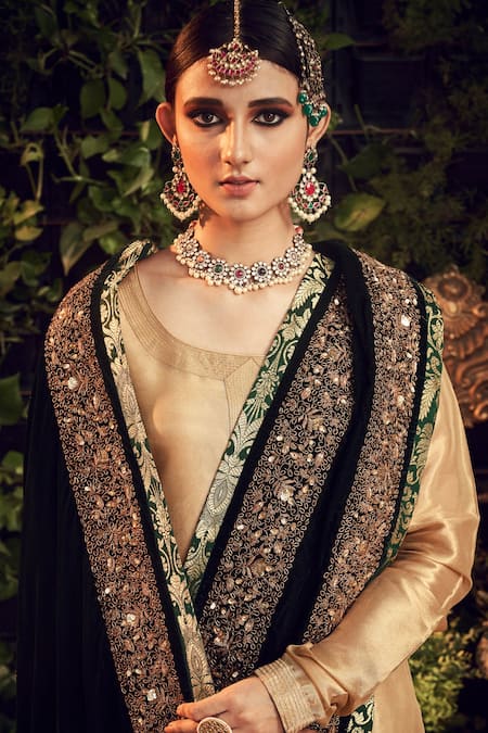 Shop_Ranian_Gold Velvet, Tissue Kurta Set With Green Dupatta _Online_at_Aza_Fashions