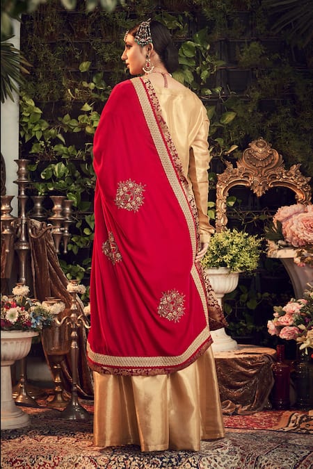 Shop_Ranian_Gold Velvet, Tissue Kurta Set With Crimson Dupatta _at_Aza_Fashions