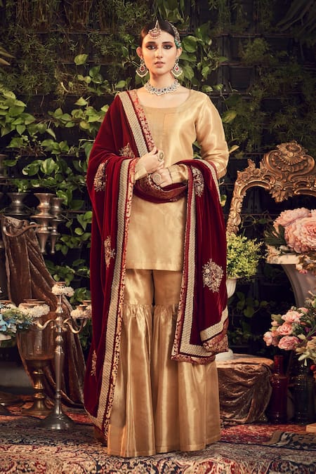 Ranian Silk Tissue Kurta Set with Rosewood Maroon Dupatta 