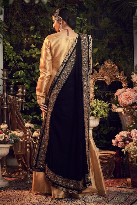 Shop Ranian Gold Velvet, Tissue Kurta Set With Midnight Blue Dupatta at Aza Fashions Shop_Ranian_Gold Velvet, Tissue Kurta Set With Midnight Blue Dupatta _at_Aza_Fashions