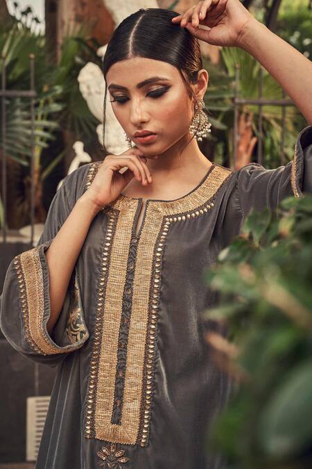 Buy_Ranian_Grey Velvet Kurta And Salwar Set _Online_at_Aza_Fashions