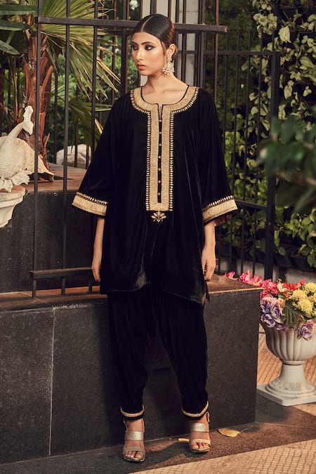 Women Black Velvet Embroidered Short Kurta With Dhoti Skirt