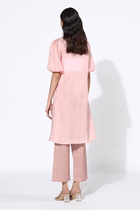 Shop_Meadow_Pink Tunic Silk Organza  Pant Linen Inner Round And Set _at_Aza_Fashions