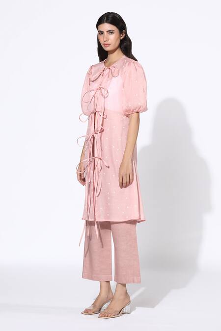 Meadow_Pink Tunic Silk Organza  Pant Linen Inner Round And Set _Online_at_Aza_Fashions