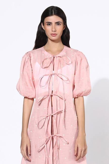 Meadow_Pink Tunic Silk Organza  Pant Linen Inner Round And Set _at_Aza_Fashions