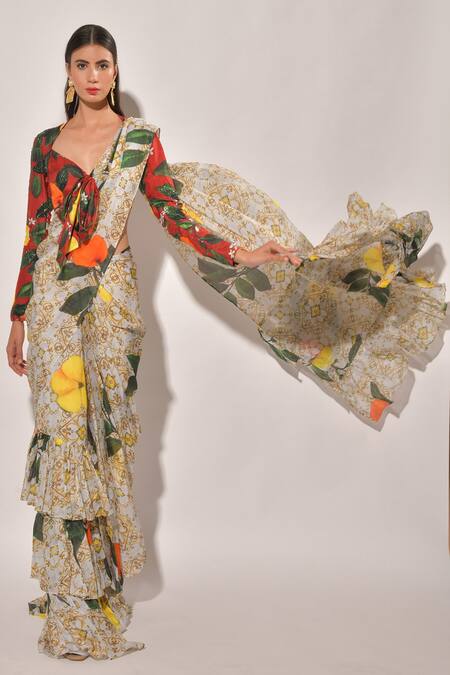 Prints By Radhika_Beige Blouse Pure Silk Saree Chinon Chiffon Lining Printed Tiered With_Online_at_Aza_Fashions