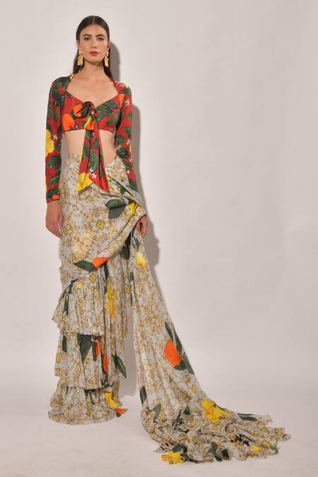 Buy_Prints By Radhika_Beige Blouse Pure Silk Saree Chinon Chiffon Lining Printed Tiered With_Online_at_Aza_Fashions