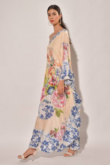 Prints By Radhika_Beige Lining Crepe, Pure Silk One Shoulder Printed Kaftan_Online_at_Aza_Fashions