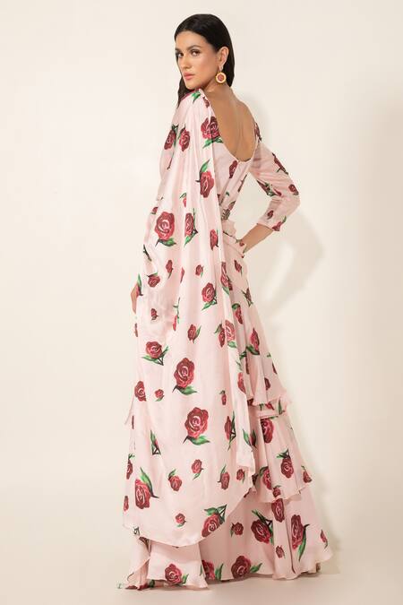 Shop_Prints By Radhika_Pink Pre-draped Ruffle Saree With Belt_at_Aza_Fashions