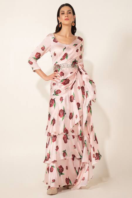 Prints By Radhika_Pink Pre-draped Ruffle Saree With Belt_Online_at_Aza_Fashions