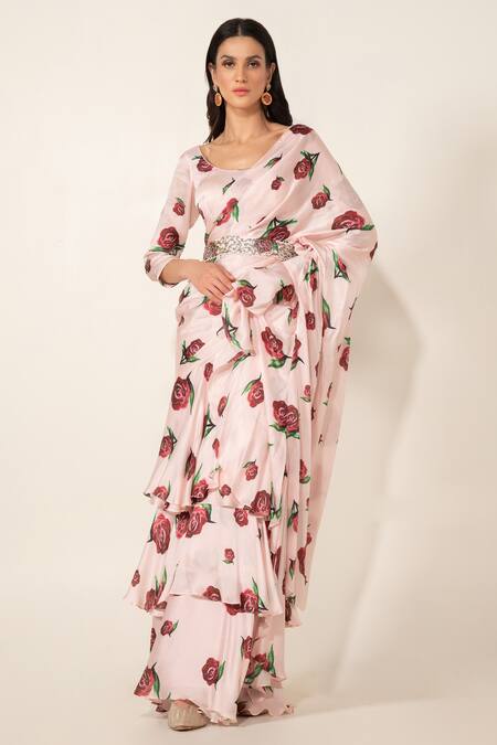 Buy_Prints By Radhika_Pink Pre-draped Ruffle Saree With Belt_Online_at_Aza_Fashions