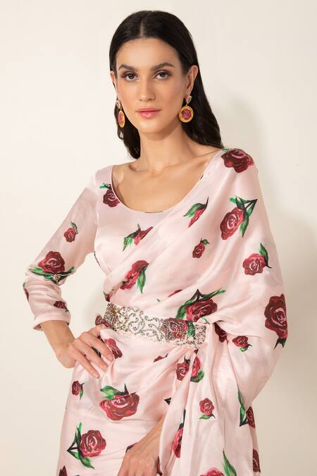 Shop_Prints By Radhika_Pink Pre-draped Ruffle Saree With Belt_Online_at_Aza_Fashions
