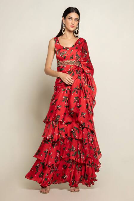 Buy_Prints By Radhika_Red Pre-draped Ruffle Saree With Belt_Online_at_Aza_Fashions