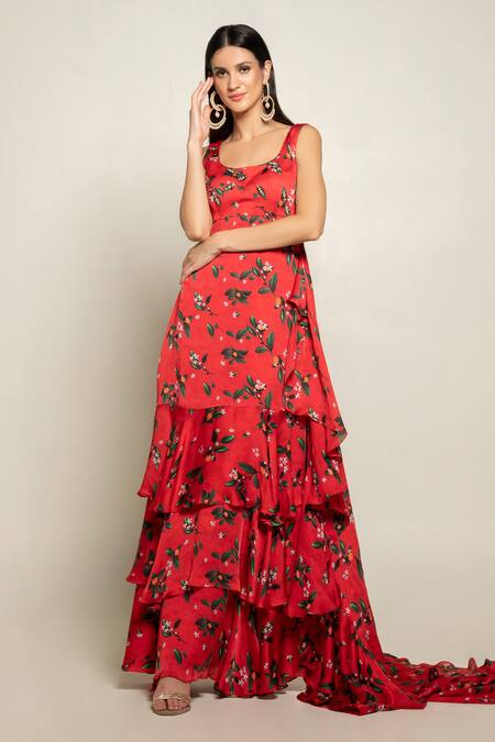 Shop_Prints By Radhika_Red Pre-draped Ruffle Saree With Belt_Online_at_Aza_Fashions