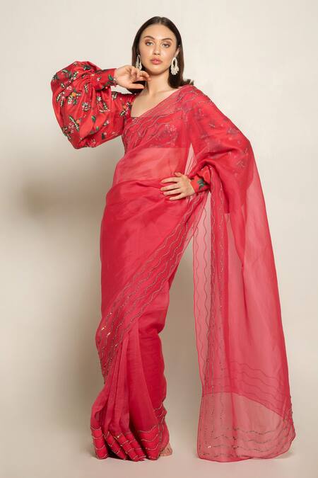 Prints By Radhika_Red Organza, Dupion Silk Lining Crepe Square Neck Saree With Printed Blouse_Online_at_Aza_Fashions
