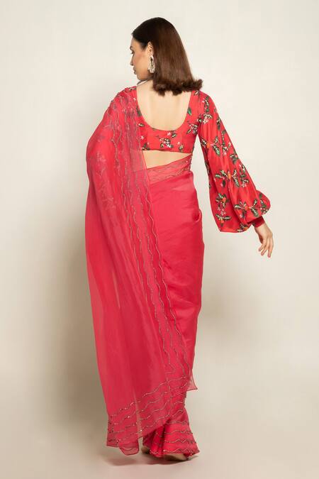 Shop_Prints By Radhika_Red Organza, Dupion Silk Lining Crepe Square Neck Saree With Printed Blouse_at_Aza_Fashions