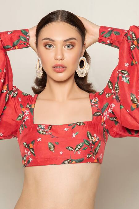 Shop_Prints By Radhika_Red Organza, Dupion Silk Lining Crepe Square Neck Saree With Printed Blouse_Online_at_Aza_Fashions