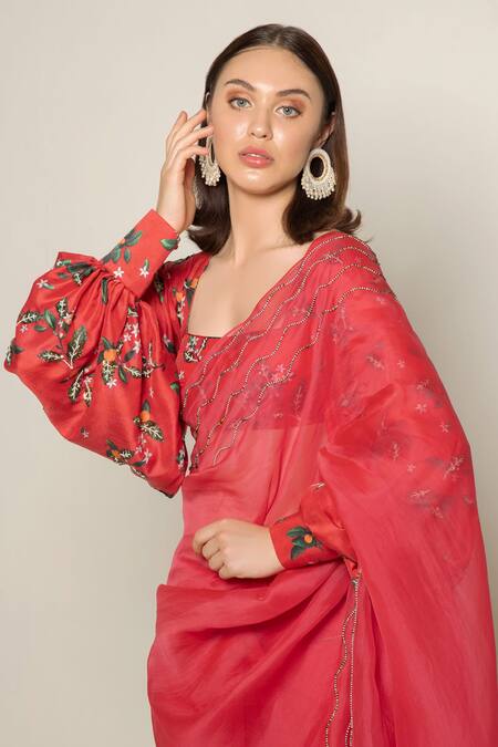 Prints By Radhika_Red Organza, Dupion Silk Lining Crepe Square Neck Saree With Printed Blouse_at_Aza_Fashions