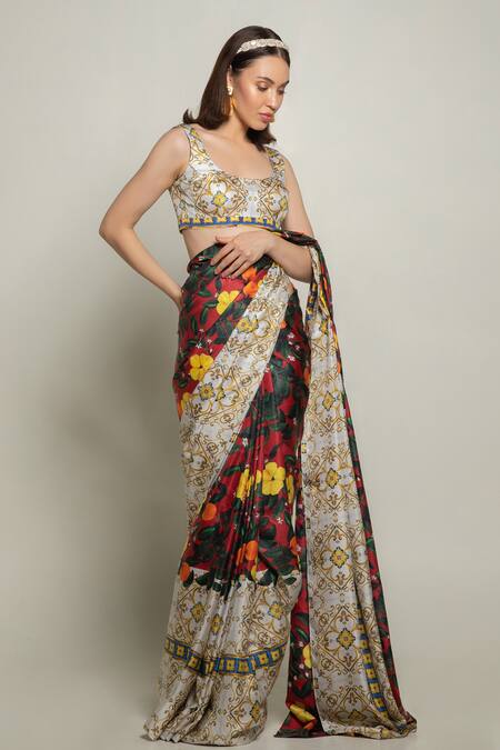 Buy Prints By Radhika Multi Color Silk Twill Lining Crepe Scoop Neck Printed Saree With Blouse at Aza Fashions Buy_Prints By Radhika_Multi Color Silk Twill Lining Crepe Scoop Neck Printed Saree With Blouse_at_Aza_Fashions