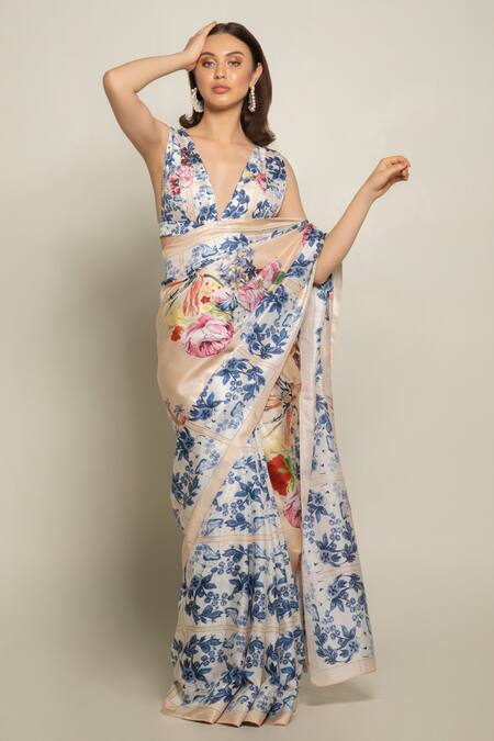 Shop_Prints By Radhika_Multi Color Silk Twill Lining Crepe V Neck Printed Saree With Blouse_Online_at_Aza_Fashions